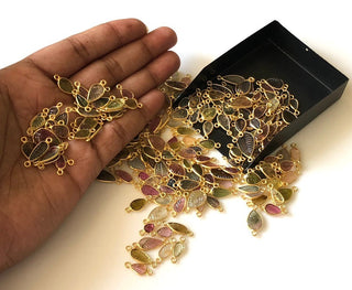 5 Pieces Multi Tourmaline Hand Carved Leaf Shaped 925 Silver Gold Vermeil Jewelry Connectors, 10mm To 18mm Tourmaline Connectors, GDS1073