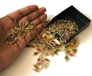 10 Pieces Multi Tourmaline Hand Carved Leaf Shaped 925 Silver Gold Vermeil Jewelry Connectors, Pink Green Tourmaline Connectors, GDS1073