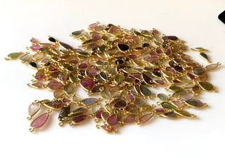 5 Pieces Multi Tourmaline Hand Carved Leaf Shaped 925 Silver Gold Vermeil Jewelry Connectors, 10mm To 18mm Tourmaline Connectors, GDS1073