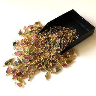 10 Pieces Multi Tourmaline Hand Carved Leaf Shaped 925 Silver Gold Vermeil Jewelry Connectors, Pink Green Tourmaline Connectors, GDS1073