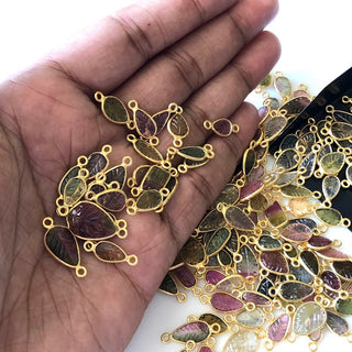 50 Pieces Multi Tourmaline Hand Carved Leaf Shaped 925 Silver Gold Vermeil Jewelry Connectors, 10mm To 18mm Tourmaline Connectors, GDS1073