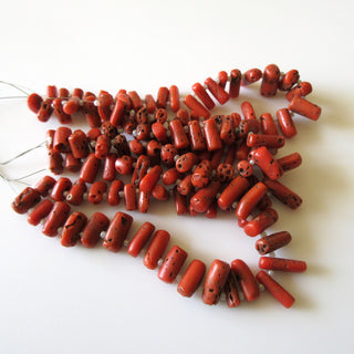 Natural Italian Coral Tube Beads, Top Side Drilled Original Italian Red Coral Beads, 10mm To 15mm Each Approx, 7 Inch Strand, GDS1246