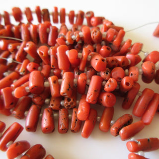Natural Italian Coral Tubes, Top Side Drilled Original Italian Red Coral Tube Beads, 8mm To 10mm Each Approx, 7 Inch Strand, GDS1247