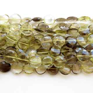 Bi-Color Lemon Quartz Smoky Quartz Faceted Coin Beads, 11mm Yellow Brown Quartz Beads, 10 Inch Strand GDS1379