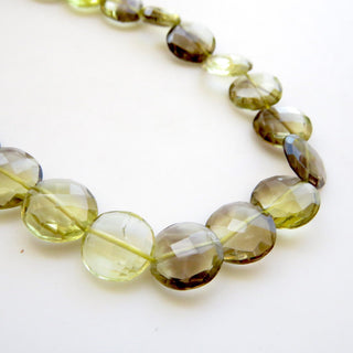 Bi-Color Lemon Quartz Smoky Quartz Faceted Coin Beads, 11mm Yellow Brown Quartz Beads, 10 Inch Strand GDS1379