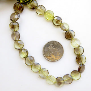 Bi-Color Lemon Quartz Smoky Quartz Faceted Coin Beads, 11mm Yellow Brown Quartz Beads, 10 Inch Strand GDS1379