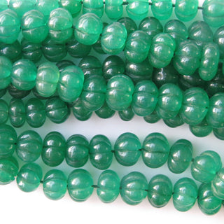 Green Jade Carved Melon Beads, Green Jade Melon Beads, 9mm To 12mm Green Jade Melon Beads, 16 Inch Blue Melon Bead Strand, GDS1412