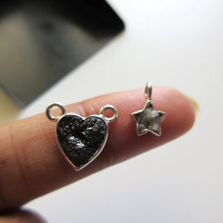 Laser Cut Natural Black Diamond Heart Connector Pendant, 925 Silver Diamond Connector, Rough Raw Diamond Heart, 9mm Approx, DDS602/12