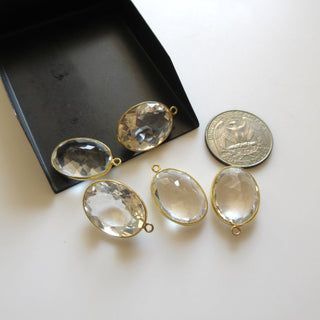 2 Pieces Quartz Crystal Faceted Oval Jewelry Bezel Connectors, Single Bail Sterling Silver Gemstone Connector Charm, Crystal Charm, GDS1601