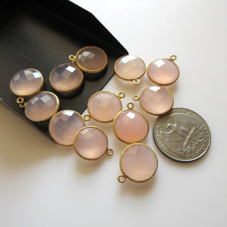 4 Pieces Pink Chalcedony Faceted Round Coin Bezel Connectors, 15mm Single Loop Sterling Silver Chalcedony Gemstone Connector Charm, GDS1605