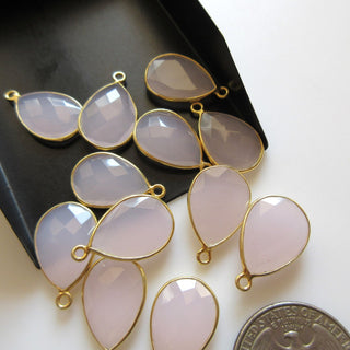 4 Pieces Pink Chalcedony Faceted Pear Shaped Bezel Connectors, 19mm Single Loop Sterling Silver Chalcedony Gemstone Connector Charm, GDS1606