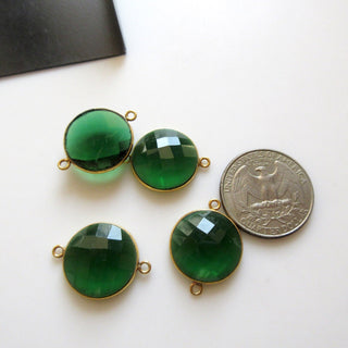 2 Pieces  Emerald Green Color Hydro Quartz Flat Back Faceted Round Bezel Connectors, 19mm Sterling Silver Gemstone Connector Charm, GDS1607