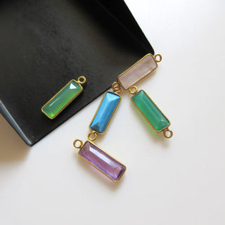 6 Pieces Natural Chrysoprase Chalcedony Faceted Rectangle Bezel Connectors, 16x6mm Sterling Silver Single Loop Gemstone Charms, GDS1619