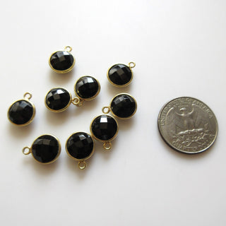 10 Pcs 10mm Natural Black Onyx Round 925 Silver Bezel Connector Charm, Single/Double Loop Black Onyx Round Gemstone Connector Charm GDS1669