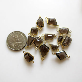 6Pcs Natural Smoky Quartz 8mm To 15mm Mix Abstract Shape 925 Silver Bezel Connector Charms, Single/Double Loop Gemstone Connectors GDS1686