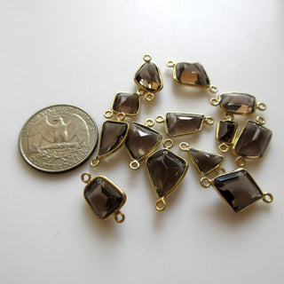 6Pcs Natural Smoky Quartz 8mm To 15mm Mix Abstract Shape 925 Silver Bezel Connector Charms, Single/Double Loop Gemstone Connectors GDS1686