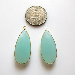 2 Pieces 34x15mm Aqua Blue Chalcedony Pear Shape 925 Sterling Silver Bezel Connector Charm Pendant, Single Loop Gemstone Connector GDS1696
