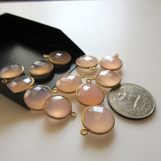 4 Pieces Pink Chalcedony Faceted Round Coin Bezel Connectors, 15mm Single Loop Sterling Silver Chalcedony Gemstone Connector Charm, GDS1605