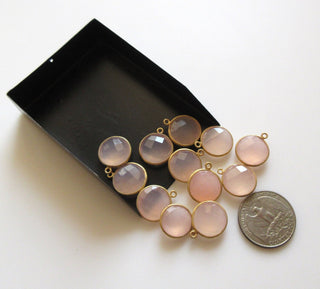 4 Pieces Pink Chalcedony Faceted Round Coin Bezel Connectors, 15mm Single Loop Sterling Silver Chalcedony Gemstone Connector Charm, GDS1605