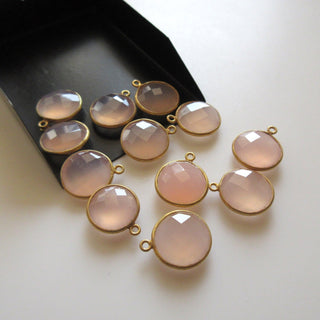 4 Pieces Pink Chalcedony Faceted Round Coin Bezel Connectors, 15mm Single Loop Sterling Silver Chalcedony Gemstone Connector Charm, GDS1605