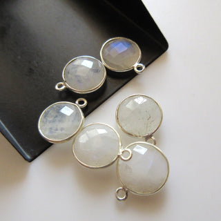 10 Pieces Rainbow Moonstone Faceted Coin Round Bezel Connectors, 7.5mm Sterling Silver Single/Double Loop Gemstone Connector Charms, GDS1609