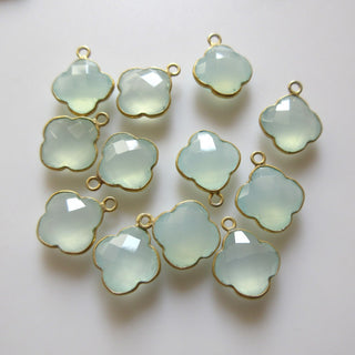 4 Pieces Aqua Chalcedony Four Clover Bezel Connector, 9mm 925 Silver Single/Double Loop Aqua Chalcedony Gemstone Connector Charm, GDS1627