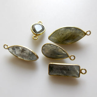 5 Pieces Labradorite Faceted Mix Shape Bezel Connector Charm, 10-20mm Single/Double Loop 925 Silver Labradorite Gemstone Connectors, GDS1632