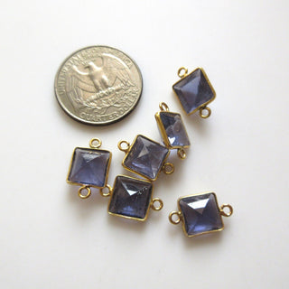 6 Pieces 10mm Natural Iolite Faceted Princess 925 Silver Bezel Gemstone Connector Charm, Single/Double Loop Natural Iolite Charm, GDS1667