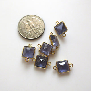 6 Pieces 7.5mm Natural Iolite Faceted Princess 925 Silver Bezel Gemstone Connector Charm, Single/Double Loop Natural Iolite Charm, GDS1666