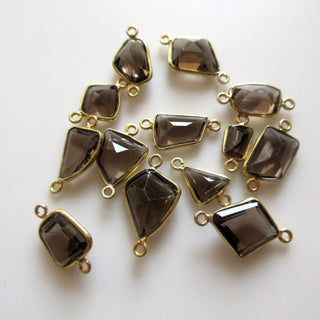 6Pcs Natural Smoky Quartz 8mm To 15mm Mix Abstract Shape 925 Silver Bezel Connector Charms, Single/Double Loop Gemstone Connectors GDS1686