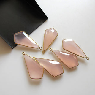 2 Pieces 40x16mm Pink Chalcedony Kite Shield Shape 925 Sterling Silver Bezel Connector Charm Pendant, Single Loop Gemstone Connector GDS1695