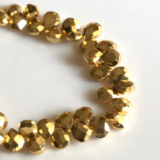 Gold Pyrite Faceted Pear Briolette Beads, 8.5mm Wholesale Pyrite Pear Beads, Coated Gold Pyrite Beads, 9 Inch/4.5 Inch Strand, GDS1777