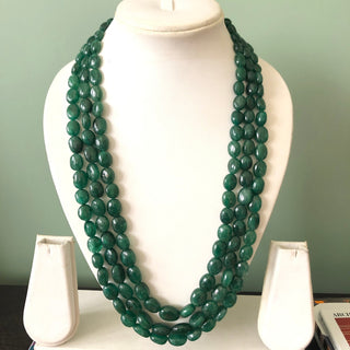 Multi Strand Dyed Beryl Color Emerald Necklace, Natural Beryl Emerald Oval Beads, 3 Strand Emerald Necklace, 10mm To 15mm Beads, GDS1755