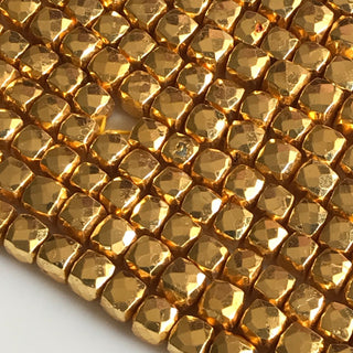 Gold Pyrite Faceted Box Beads, 7mm/8mm Wholesale Pyrite Box Beads, Coated Gold Pyrite Cube Beads, 8 Inch/4 Inch Strand, GDS1778