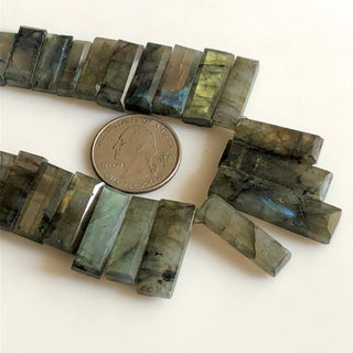 Natural Labradorite Long Baguette Rectangle Shape Step Cut Top Side Drilled Faceted Gemstone Beads, Sold As 9"/4.5" GDS1795