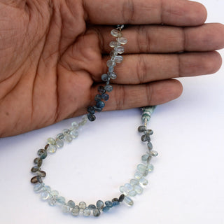 Moss Aquamarine Pear Shaped Smooth Briolettes Beads, 5mm to 7mm Small Natural Moss Aquamarine Loose Gemstones, 9 Inch Strand, GDS2067