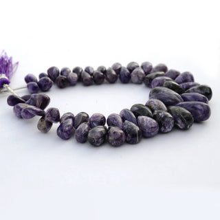 Charoite Smooth Teardrop Briolette Beads, 7mm to 17mm Natural Charoite Smooth Loose Gemstone Beads, Sold As 4 & 8 Inch Strand, GDS2099