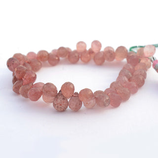 Natural Pink Strawberry Quartz Faceted Teardrop Briolette Beads, 9mm to 10mm Strawberry Quartz Gemstone Beads, 8 & 4 Inch Strand, GDS2103