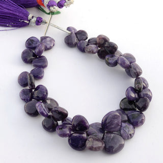 Charoite Heart Shaped Briolette Beads, 7mm to 13mm Charoite Smooth Loose Gemstone Beads, Sold As 3.5 Inch /7 Inch Strand, GDS2089