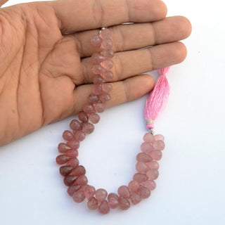 Natural Pink Strawberry Quartz Faceted Teardrop Briolette Beads, 9mm to 10mm Strawberry Quartz Gemstone Beads, 8 & 4 Inch Strand, GDS2103