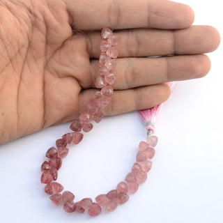 Pink Natural Strawberry Quartz Faceted Trillion Shaped Briolette Beads, 7mm to 7.5mm Strawberry Quartz Gemstone, 8 & 4 Inch Strand, GDS2105