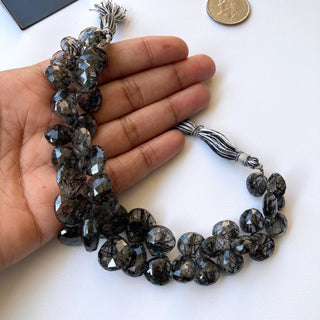 Natural Black Rutilated Quartz Black Rutile Quartz Faceted Heart Briolette Beads, 10mm To 17mm Rutile Quartz Sold As 8 Inches, GDS27