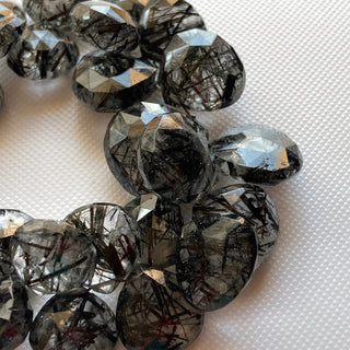 Natural Black Rutilated Quartz Black Rutile Quartz Faceted Heart Briolette Beads, 10mm To 17mm Rutile Quartz Sold As 8 Inches, GDS27