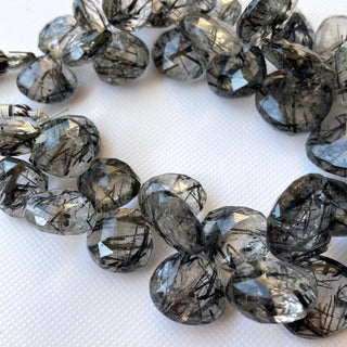 Natural Black Rutilated Quartz Black Rutile Quartz Faceted Heart Briolette Beads, 10mm To 17mm Rutile Quartz 8 Inches, GDS28