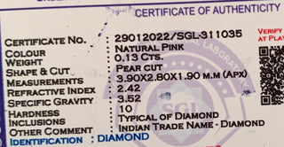 0.13CTW/3.9mm Clear Natural Pink Pear Shaped Rose Cut Diamond Loose, Certified Non Treated Natural Pink Diamond, DDS760/6