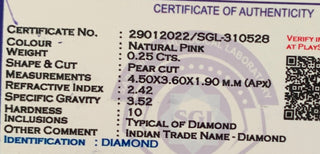 0.25CTW/4.5mm Clear Natural Pink Pear Shaped Rose Cut Double Cut Diamond Loose, Certified Non Treated Natural Pink Diamond, DDS758/18