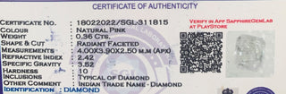 0.361CTW/4mm Clear Natural Pink Emerald Cut Faceted Full Cut Diamond Loose, Certified Non Treated Natural Pink Diamond For Jewelry, DDS763/2