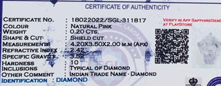 0.20CTW/4.2mm Clear Natural Pink Fancy Shield Shaped Faceted Rose Cut Diamond Loose, Certified Non Treated Natural Pink Diamond, DDS754/25