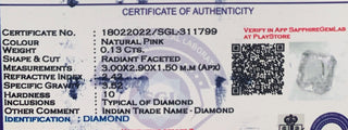 0.131CTW/3mm Clear Natural Pink Emerald Cut Faceted Full Cut Diamond Loose, Certified Non Treated Natural Diamond For Jewelry, DDS763/17