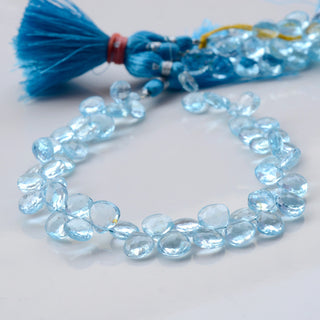 Blue Topaz Faceted Side Drill Heart Shaped Briolette Beads, 7mm/8mm/9mm Natural Blue Topaz Beads, Sold As 4.5 Inch/9 Inch Strand, GDS1883